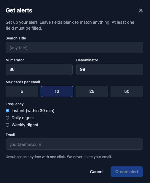 The alert sign-up modal with filters filled in for a 23/99 hunt
